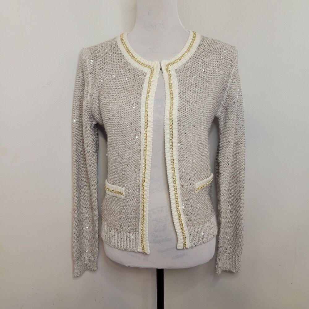 Matilda Cardigan Womens Small Beige Sequin Gold Trim Sweater